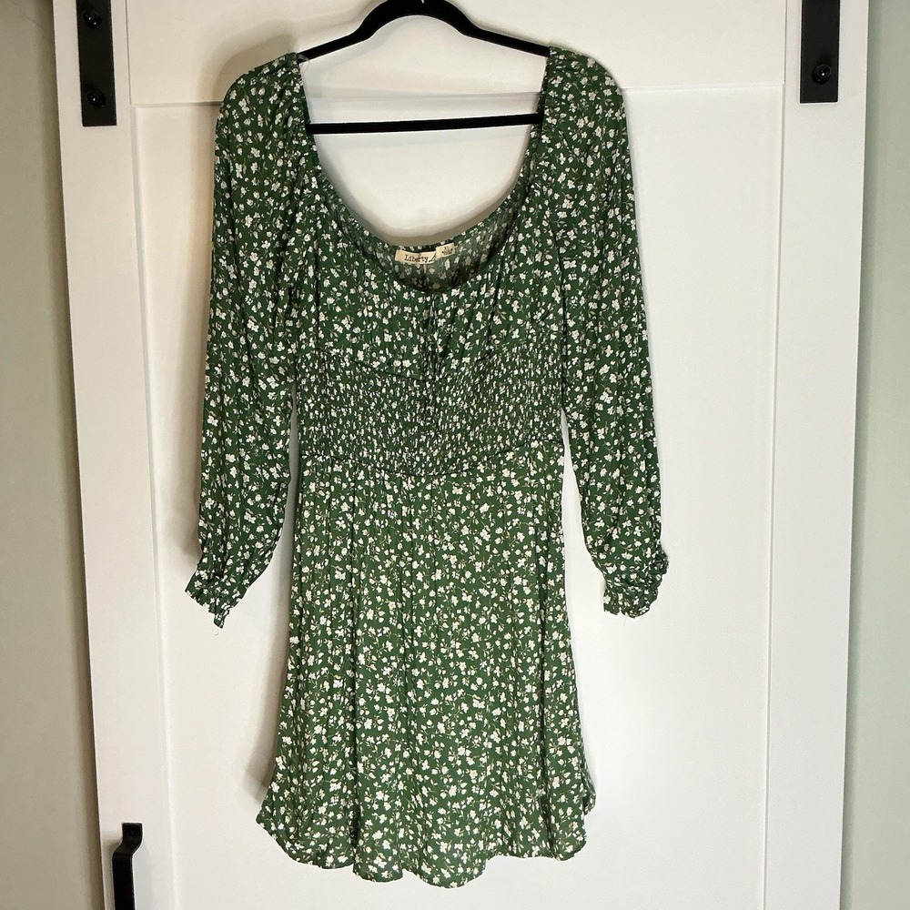Liberty‎ Love Dress Women XL Green Floral Puff Sleeve Boho Milkmaid Smocked